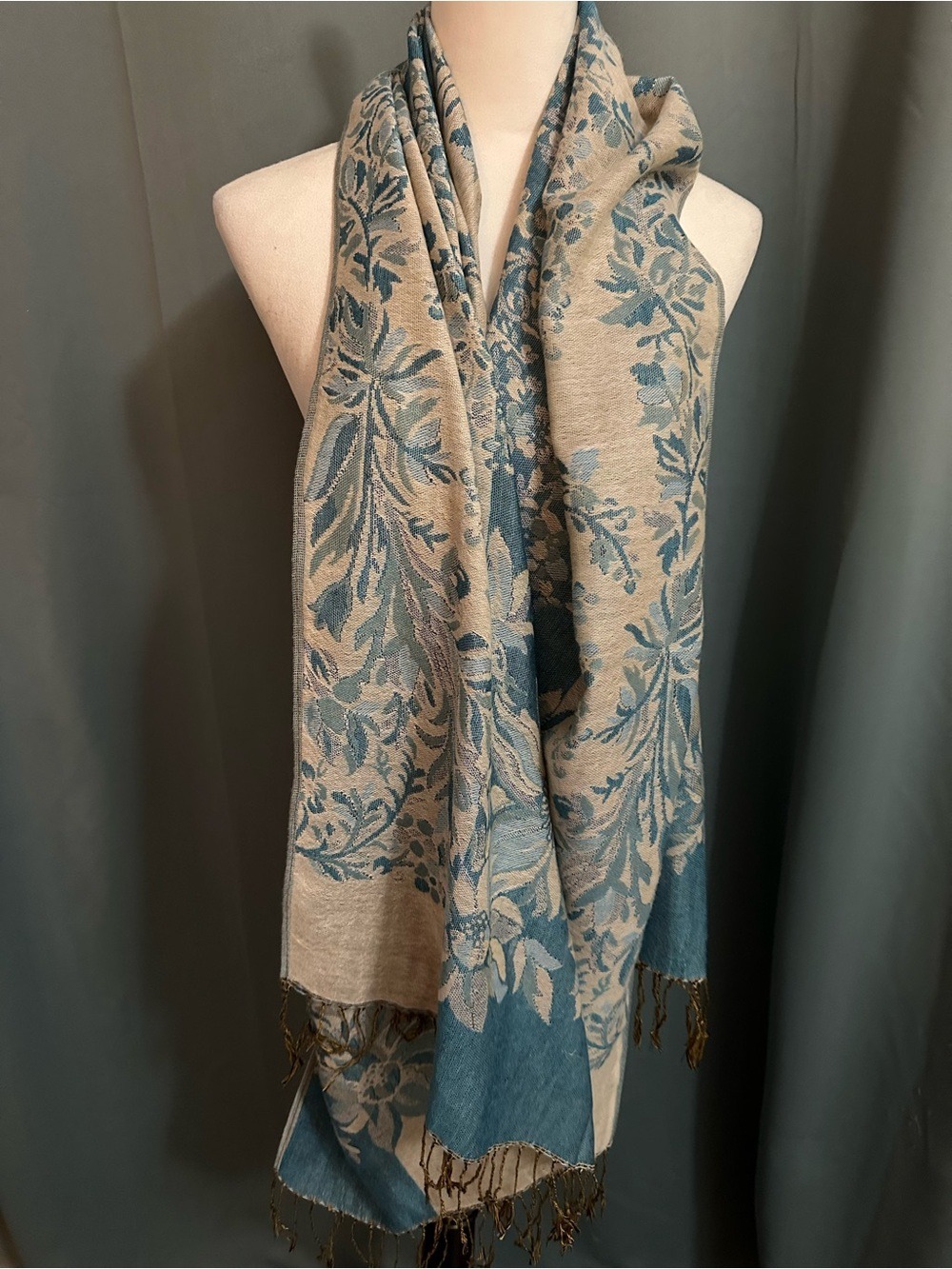 Pashmina 55% Pashmina 45% Silk Floral Jacquard Fringe Shawl Wrap Blue Beige Soft